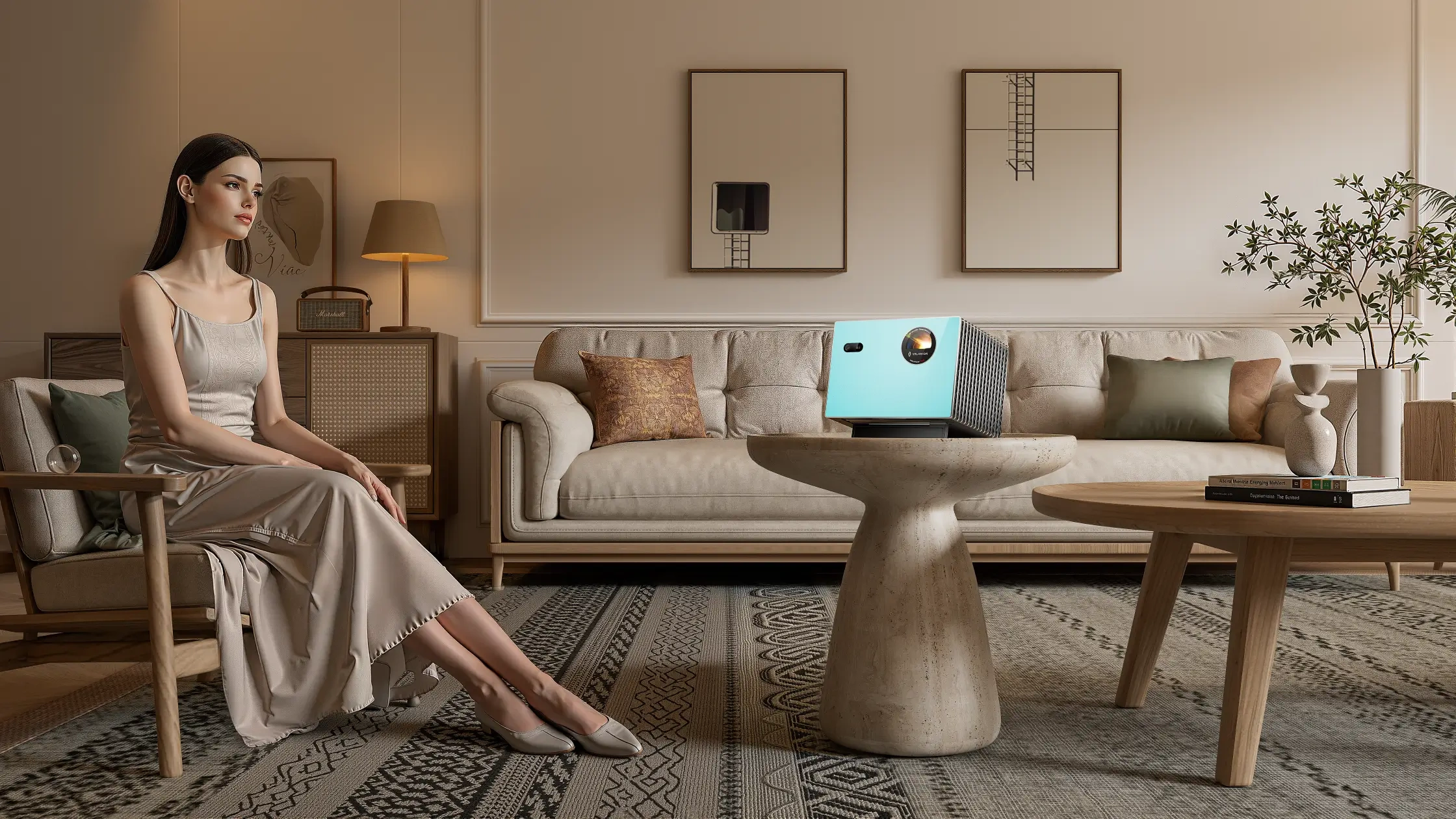 A woman sitting in a modern living room with a lifestyle projector placed on a side table projecting at an angle.