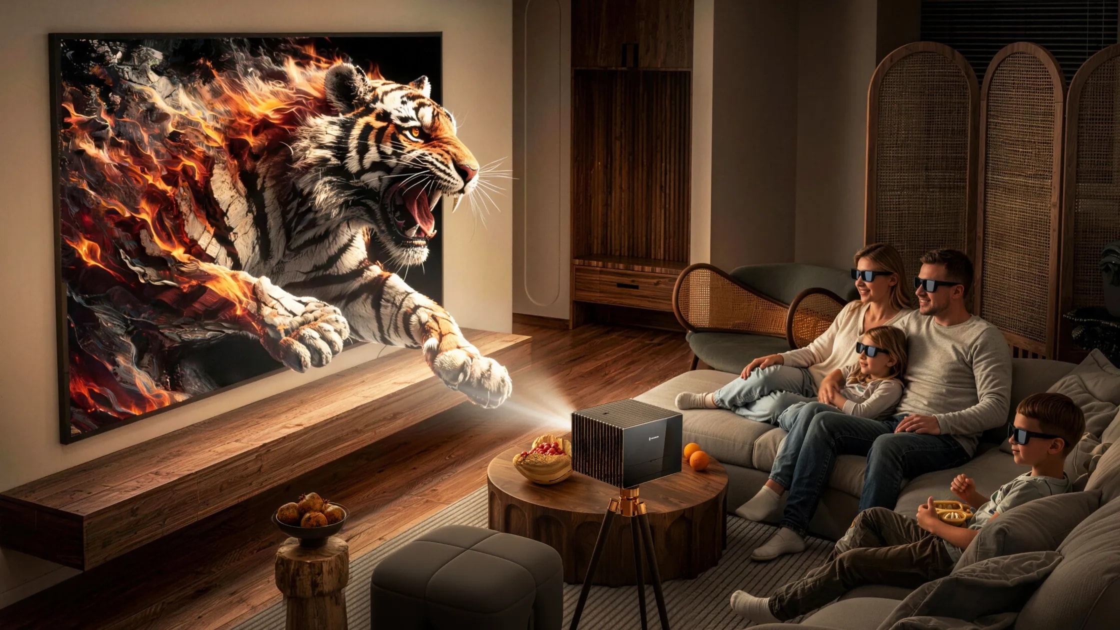 A high-end Valerion 3D projector displaying a vibrant cinematic scene in a dark home theater setup.