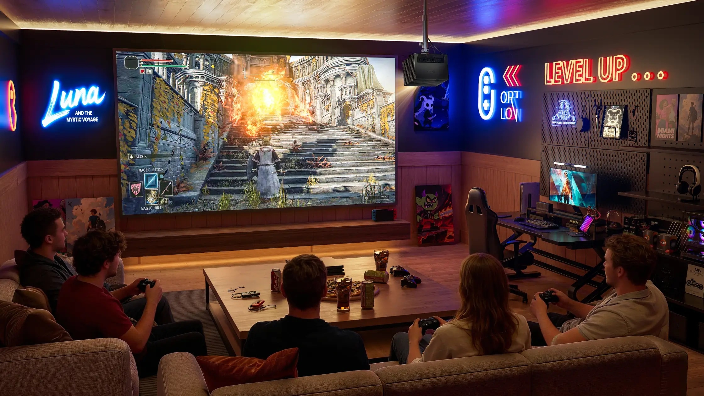 An immersive gaming room setup featuring a Valerion projector, large ALR screen, ergonomic chair, and smart RGB lighting.