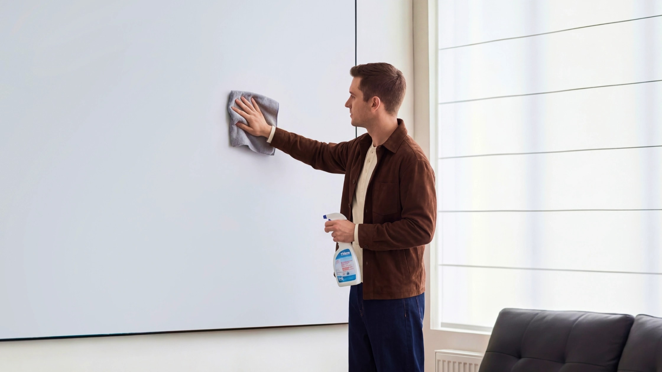 A professional cleaning kit including microfiber cloths arranged in front of a Valerion home theater screen.